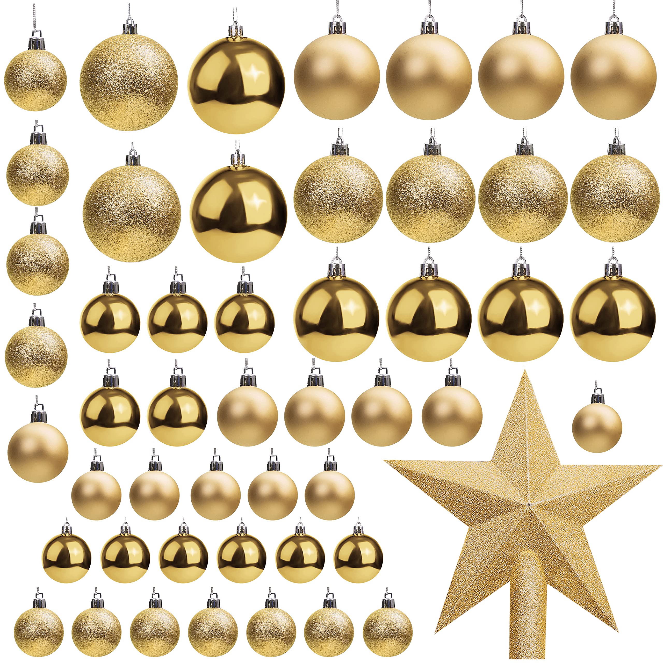 Belle Vous 50 Pack Christmas Baubles - Assorted Size Glittery Gold Baubles with Star Tree Top - Xmas Tree Ball Hanging Ornaments for Christmas Decorations Holiday Party Indoor & Outdoor Decorations