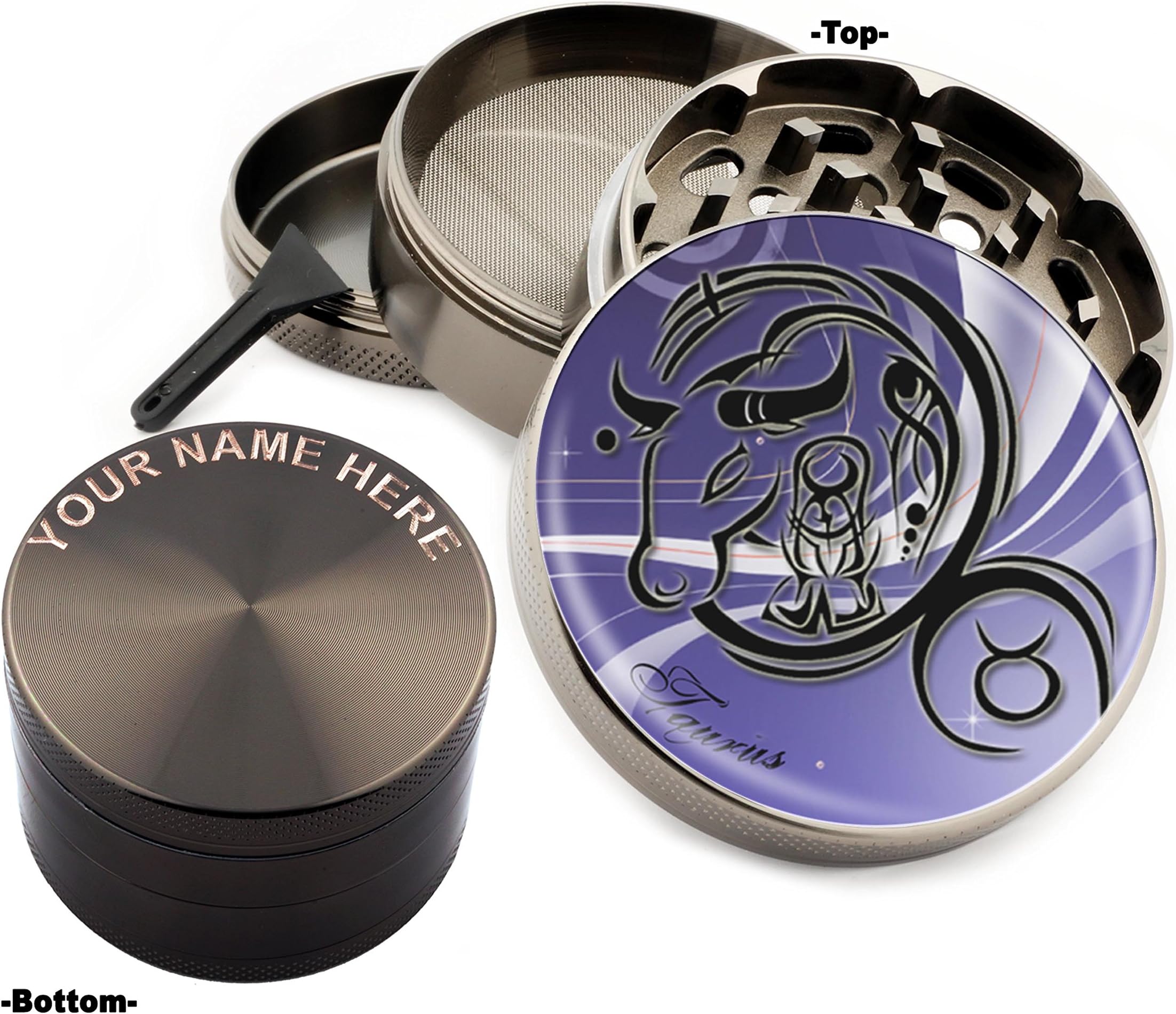 Taurus Zodiac Design Large Size Zinc Grinder With Your Name FREE - Gift Pack Item # 111315-241