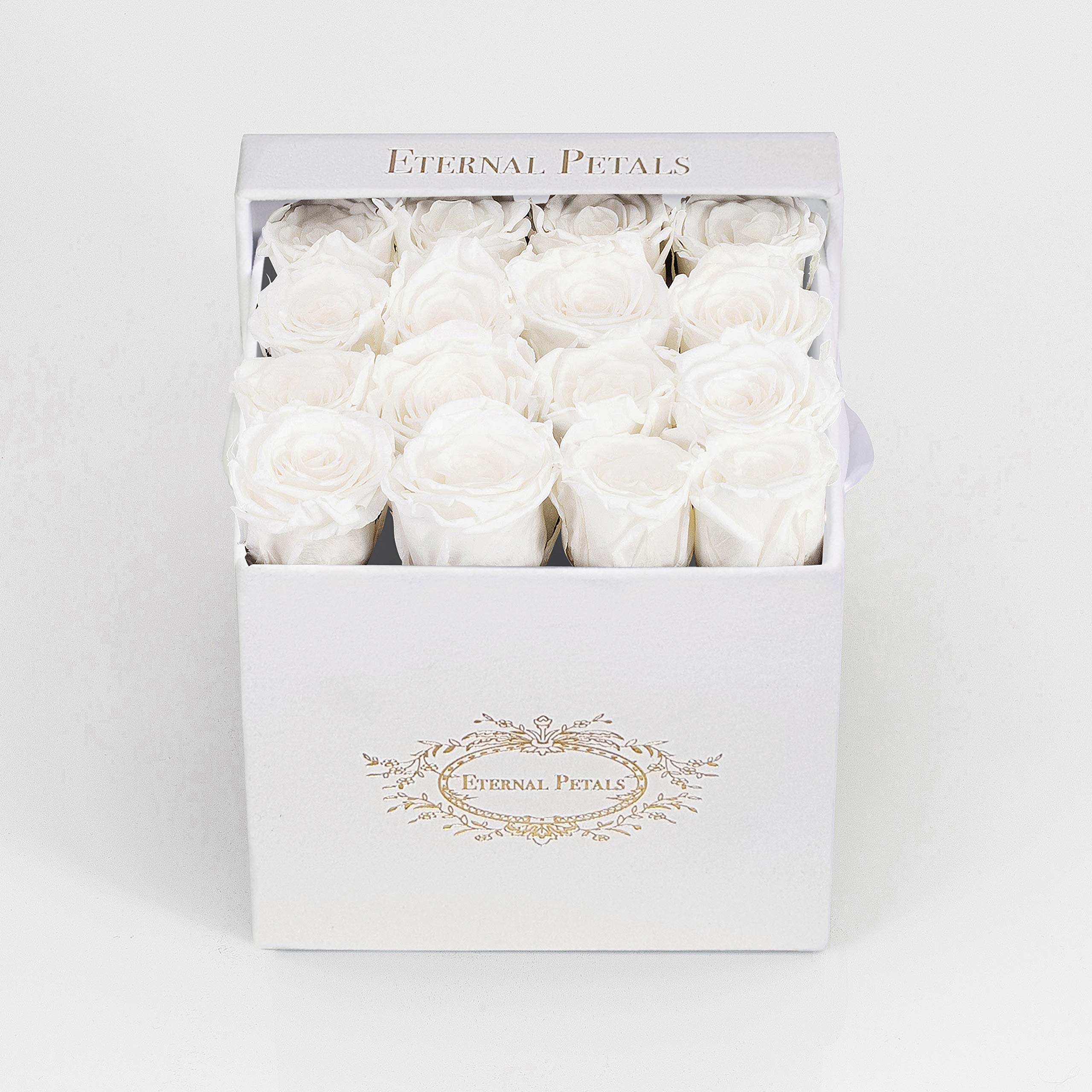 Real Roses That Last Years - Eternal Petals, Handmade in UK – 16 Roses, Square White Flower Box (White)