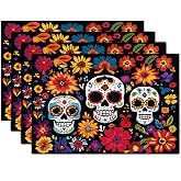 Flowers Skull Placemats Set of 4,Halloween Sugar Skulls Table Mats Mexican Day of The Dead Skeleton Place Mats Linen Heat Resistant Placemats Party Dining Decoration Kitchen