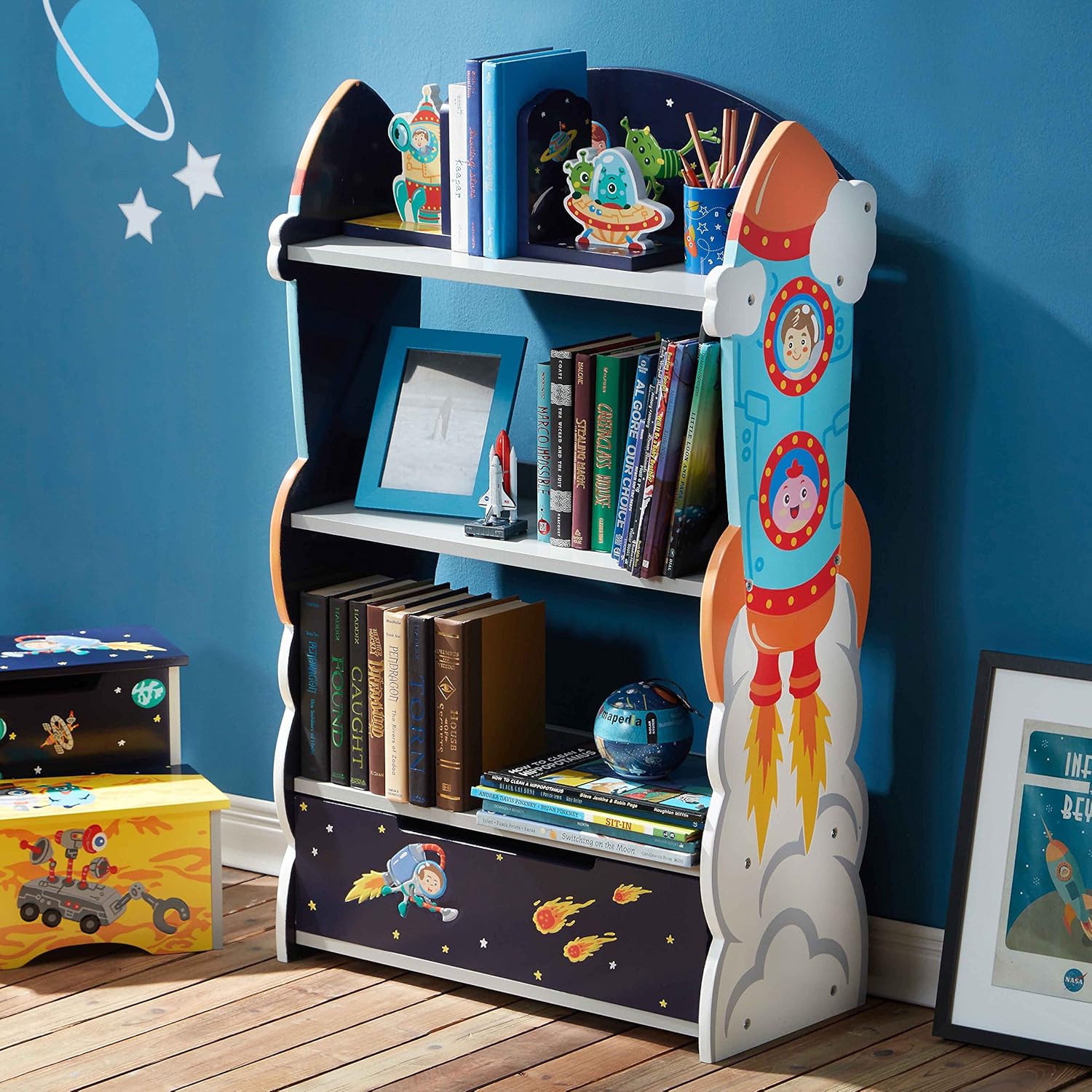 Fantasy Fields Outer Space themed Blue Book Case Kids Wooden Bookcase