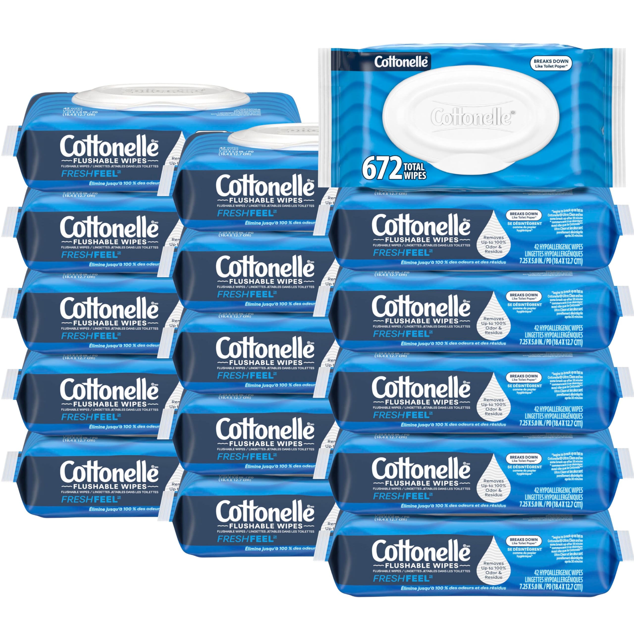 Cottonelle Fresh Feel Flushable Wet Wipes, Adult Wet Wipes, 16 Flip-Top Packs, 42 Wipes Per Pack (672 Total Wipes), Packaging May Vary Image