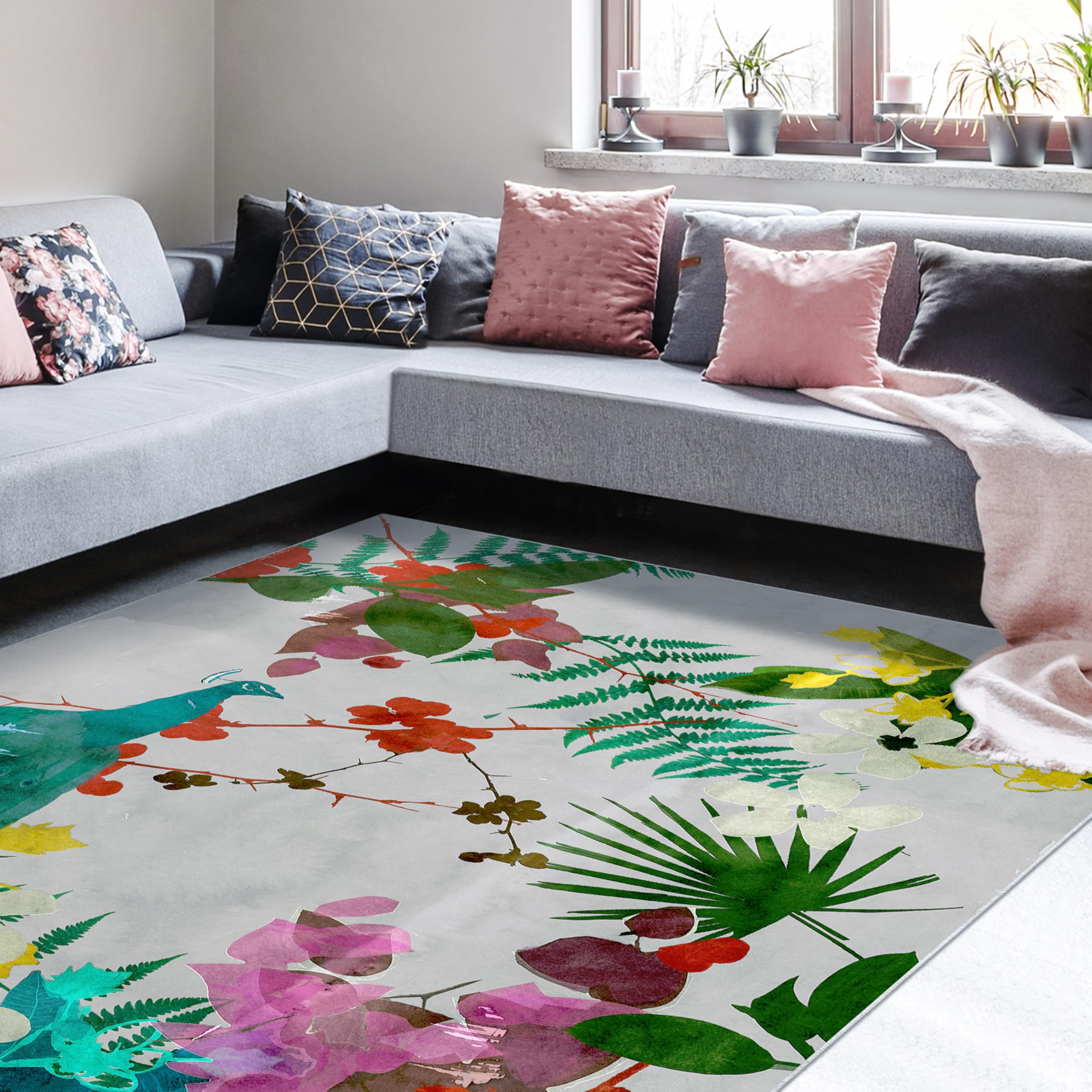 Photo 1 of Empire Art Direct Blue Tropical Peacock II Washable Art Area Rug Size 8'x10', Power-loomed, Heavenly Softness with Non-Slipping Backing