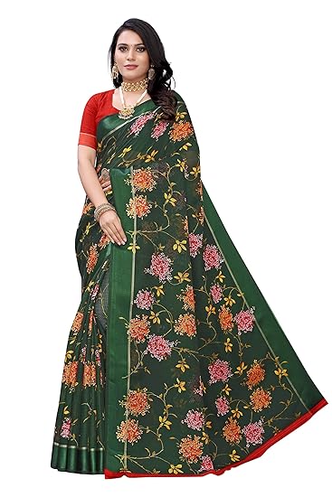 Women's Green Pure Linen Cotton Saree