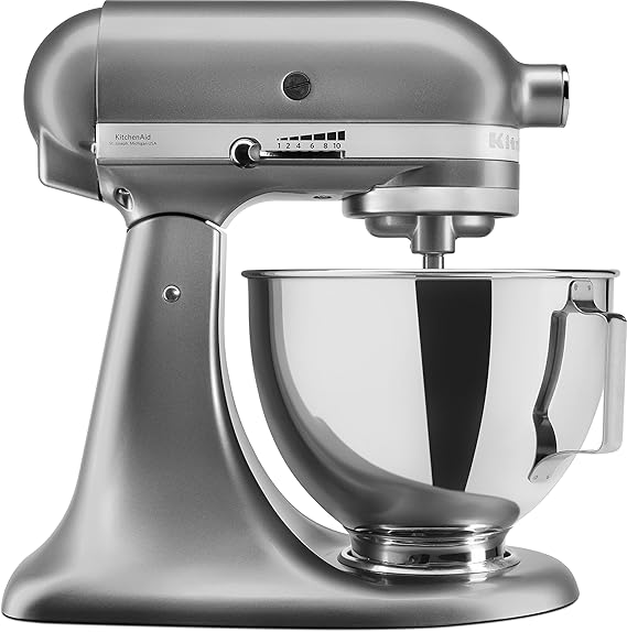 KitchenAid 5KSM95PSECU Küchenmaschine (4,3 l, Spritzschutz, 300 Watt, Flachrührer, Teighaken und Schneebesen) Silber