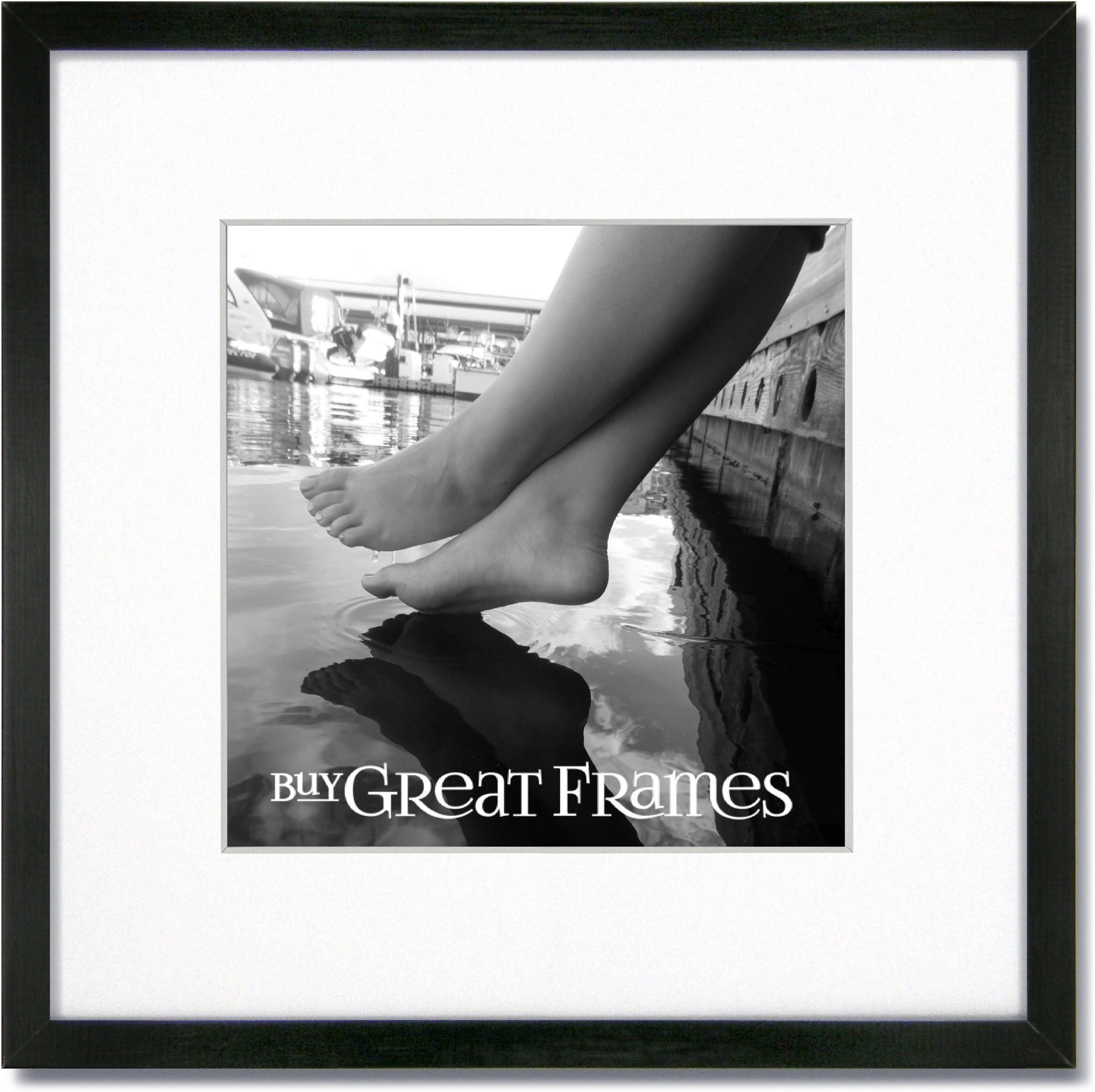 One 16x16 Square Black Wood Picture Frame and Clear Glass with Single White Mat for 12x12