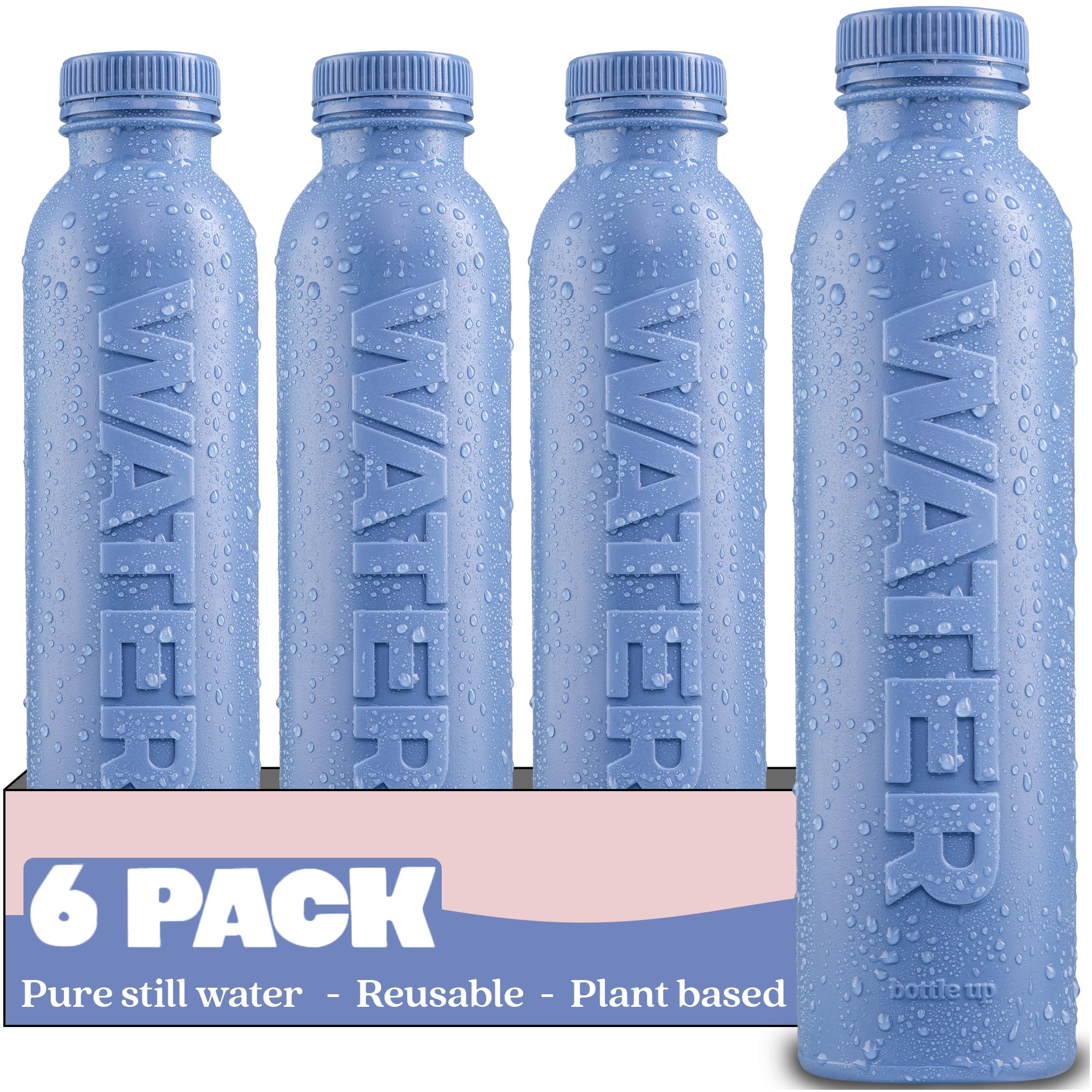 Bottle Up Reusable BPA Free Water Bottle 500ml (6 Pack) — Prefilled With Pure Still Water | Plant-Based Sports Bottle Made From Cane Sugar (Stone Blue)