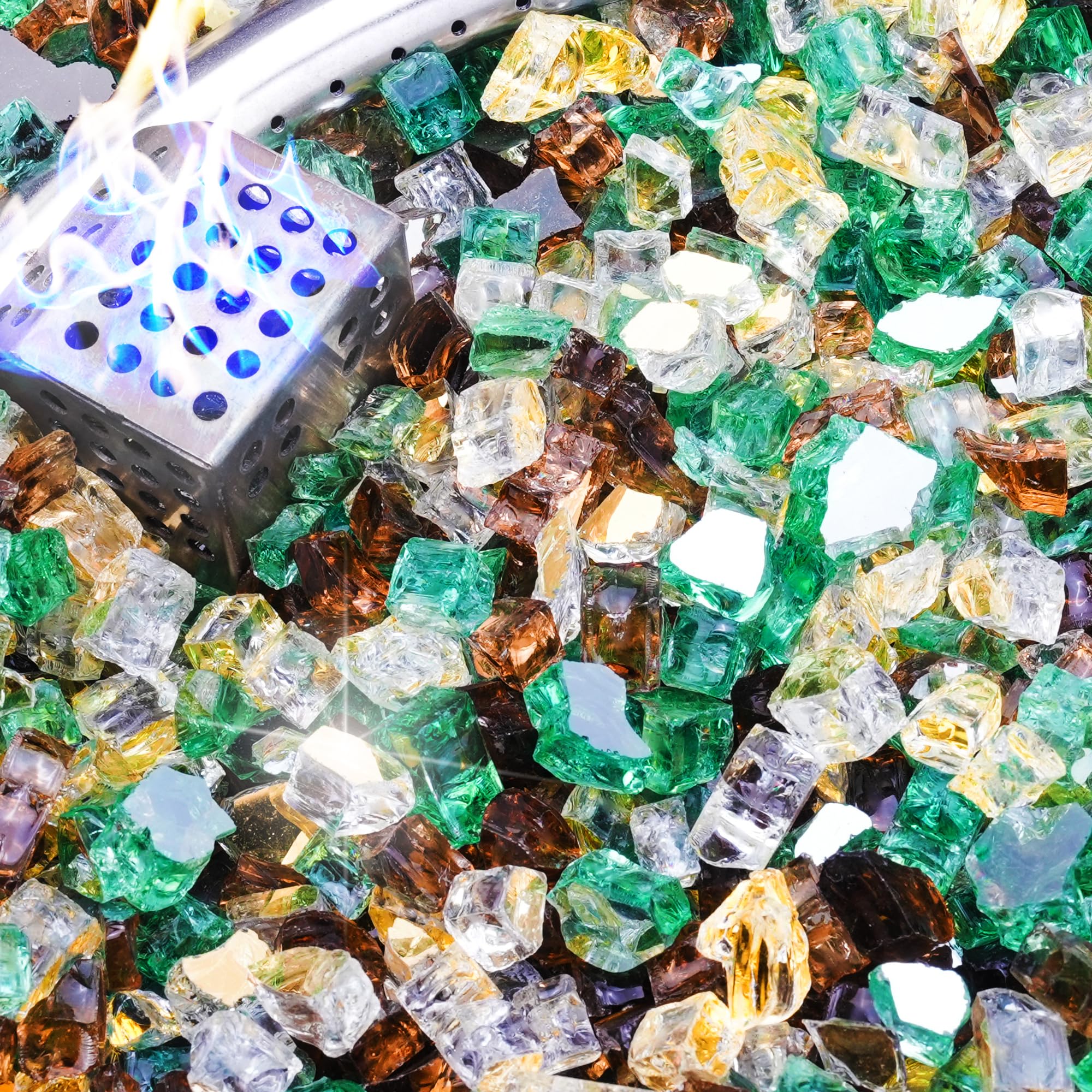 NUPICK 20 Pound Fire Glass, 1/2 Inch Reflective Fire Pit Glass, Tempered Firepit Glass Rock for Propane or Natural Gas, Glass Rocks for Fire Pit Table or Fireplace, Gold & Green & Copper Mix Image