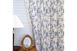 Vintage Blue Floral Curtains for Living Room 84 Inch Length Linen Blue Toile Curtain Rod Pocket French Country Drapes with Ta