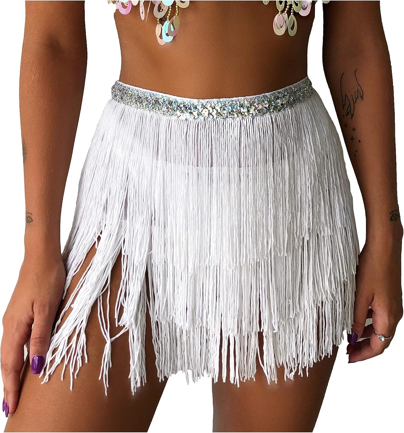 Wuchieal Belly Dance Costume Hip Scarf Belt Tribal Fringe Tassel wrap Belt (White, One Size): Clothing