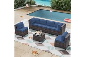 RTDTD Outdoor Patio Furniture Set, 7 Pieces Outdoor Furniture All Weather Patio Sectional Sofa PE Wicker Modular Conversation Sets with Coffee Table,6 Chairs & Seat Clips(Dark Blue)