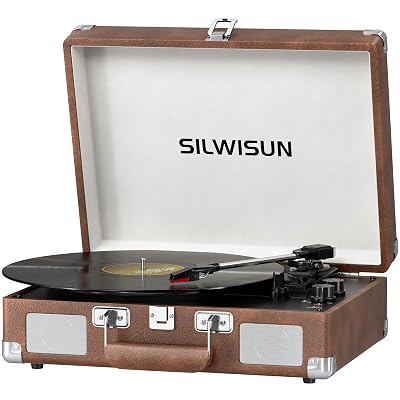 Vinyl Record Player with Speakers Vintage Bluetooth Turntable, Battery Powered Portable Pink Vinyl Player, Retro Suitcase Phonograph, 3-Speed Lp Player RCA Out AUX in Headphone Jack (Brown)