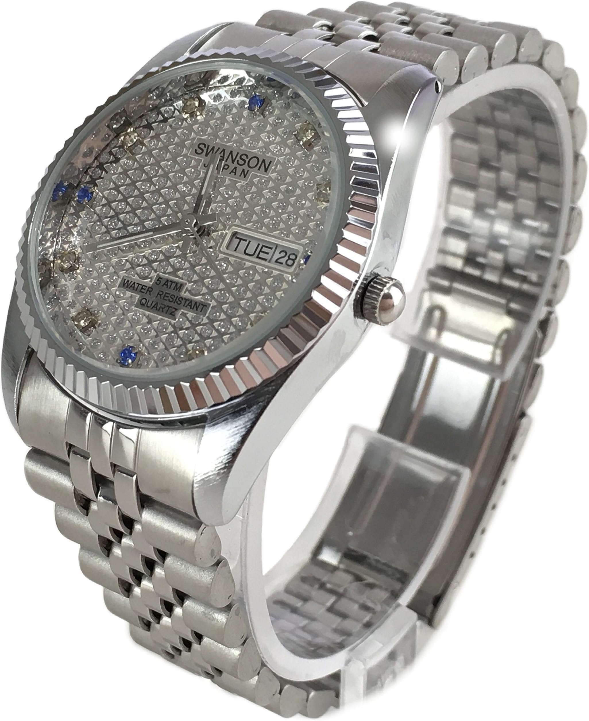 Reloj de Hombre Swanson Japan Men Silver Piedras Blanca & Azules Fecha,Dia Water Resistant