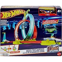 Hot Wheels Neon Speeders Track Set, Laser Stunt Slamway with 1 Hot
