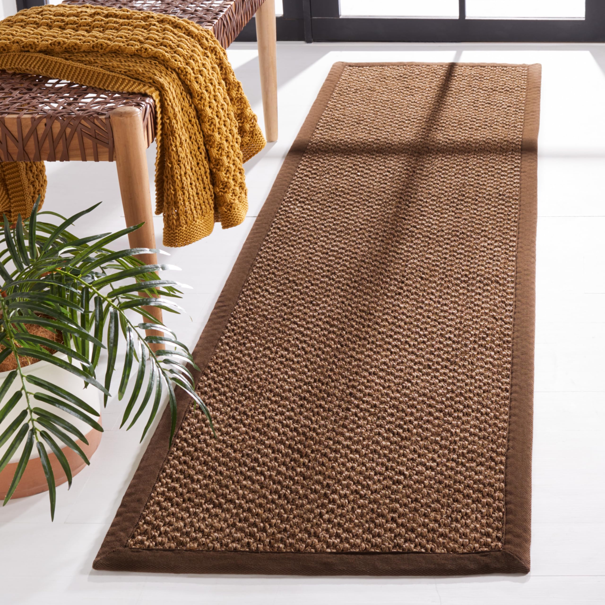 SAFAVIEH Natural Fiber Collection Runner Rug – 12′ Runner, Chocolate, Sisal, Woven Design with Border (NF525D)