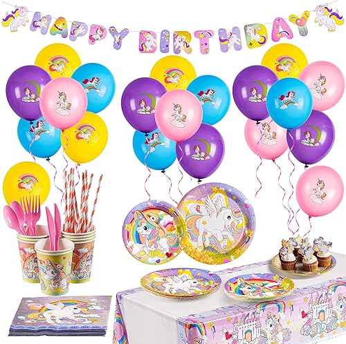 136 Pcs Unicorn Birthday Decorations Birthday Party Supplies Kits for Girls，Includes Dinner & Dessert Plates, Napkins, Cups, Cutlery, Banner, Ballom，Cake Cupcake Toppers and Tablecloth