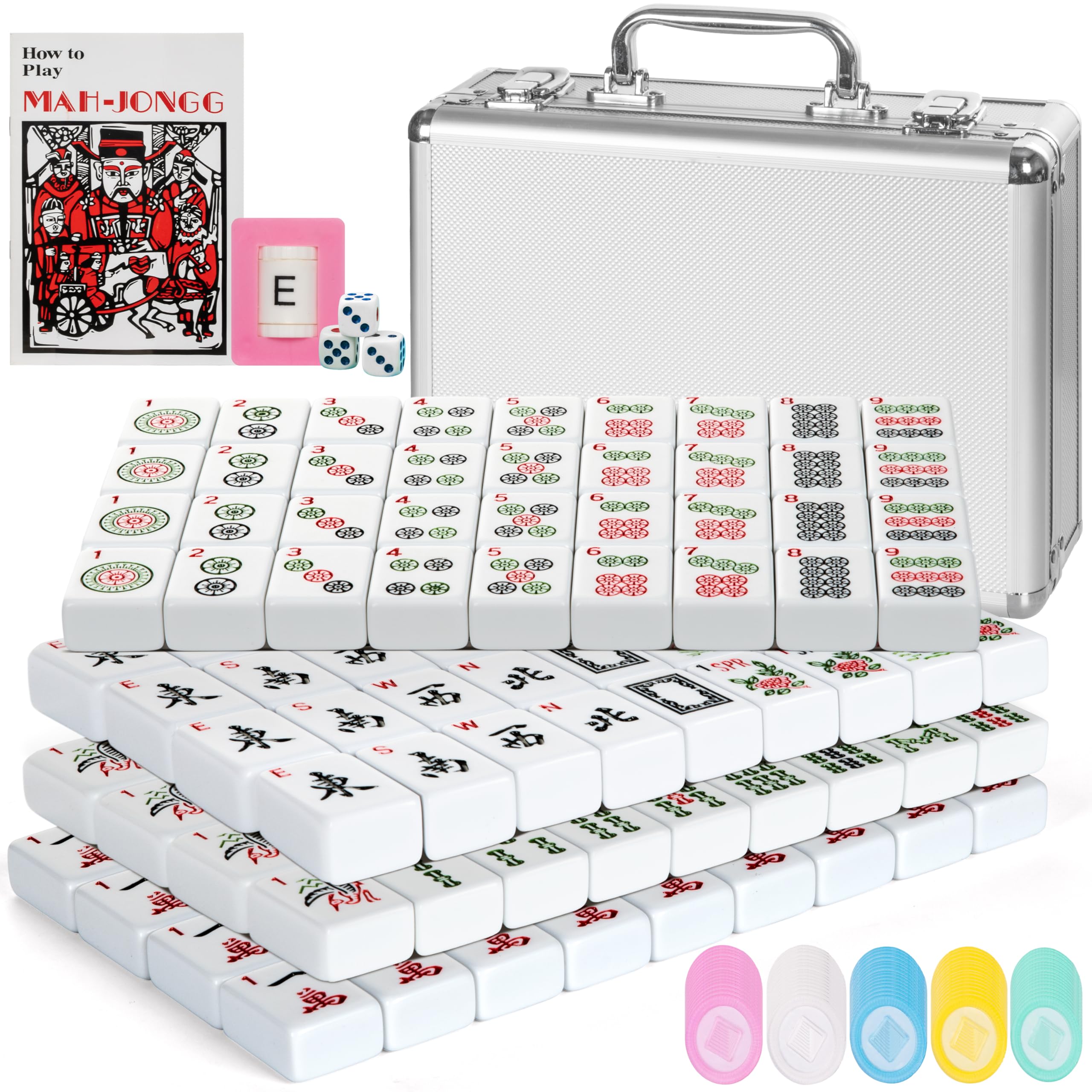 Photo 1 of American Mahjong Tile Game Set - Mahjong Game Set with Premium Aluminum case, 166 White Tiles, 100 Money Chips, 3 Dice, 6 Spare Tiles & Manual, Beautiful Mahjong Sets