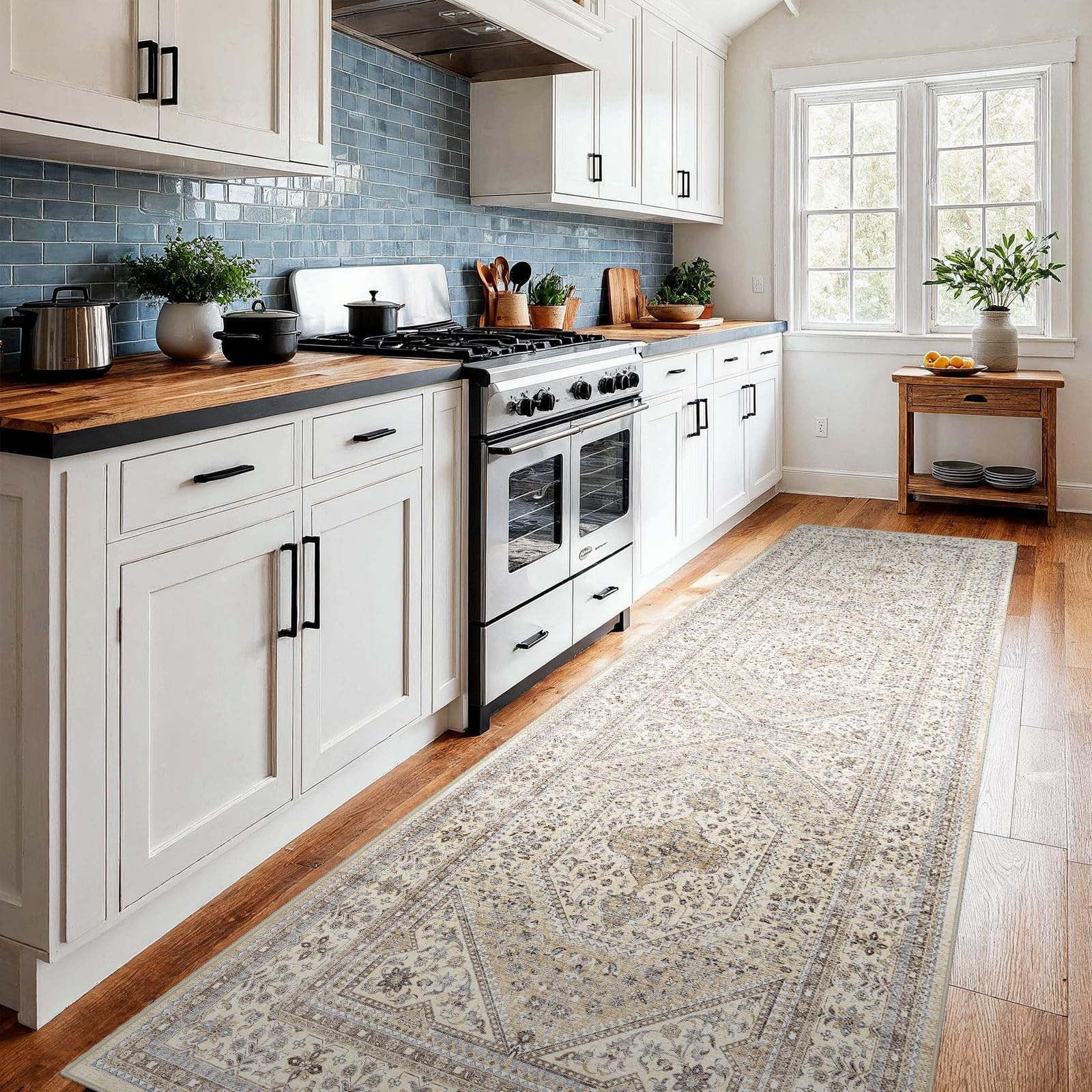 2x8 Runner Rug for Hallway Washable: Non Slip Kitchen Rugs with Rubber Backing Soft Waterproof Wide Mats Stain Resistant Low Pile Carpet for Entryway Bedroom Bathroom Laundry Home Decor Beige/Gray Image