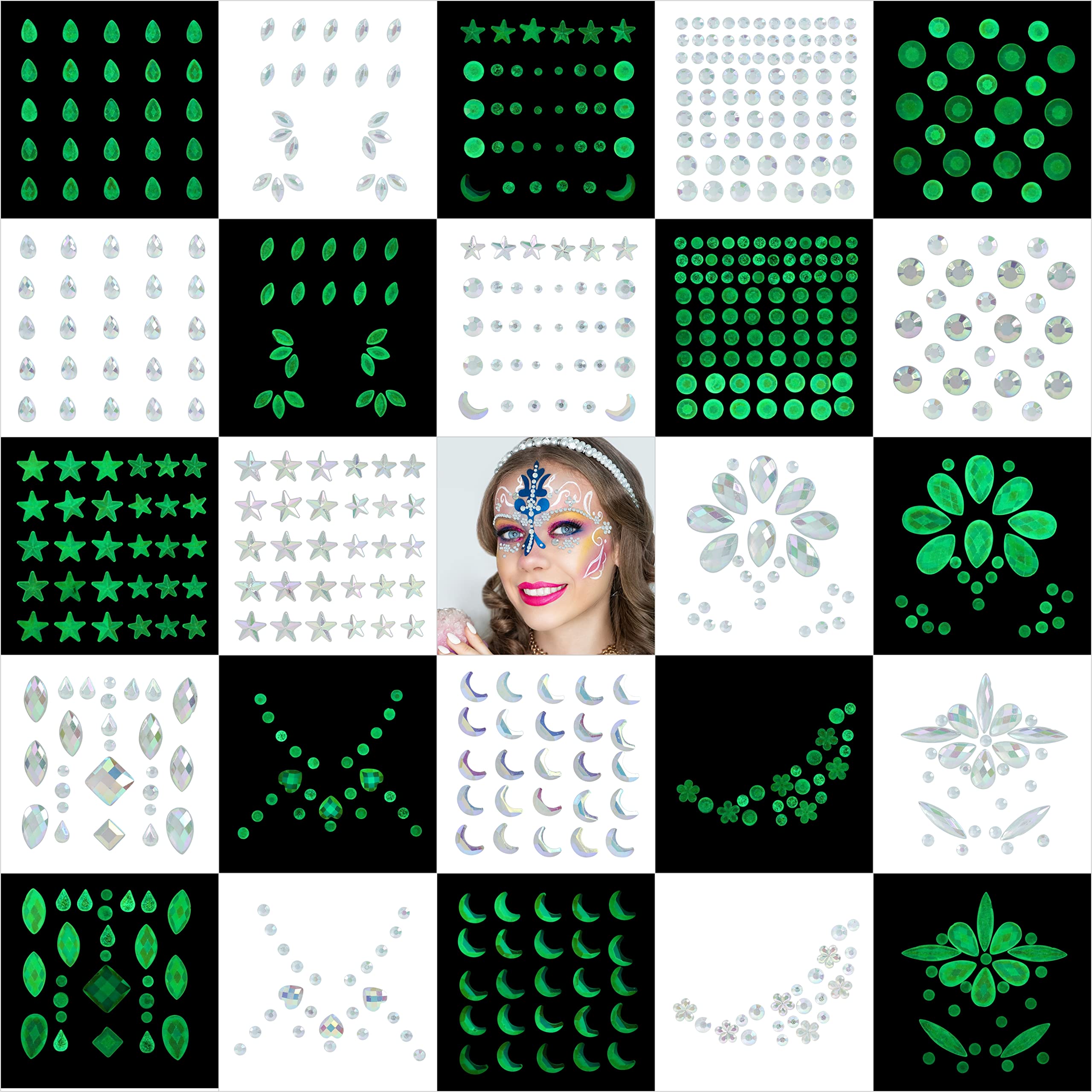 Photo 1 of 12Sets Halloween Luminous Face Gems-Noctilucent Face Jewels-Fluorescent Rhinestone Stickers Glow in the Dark for Eye Body Euphoria Makeup Jewelry Carnival Halloween Rave Festival Accessory