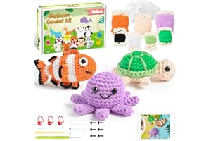 BWkoss Beginner Crochet Kit, Cute Crochet Fish Turtle Octopus Starter Pack for Adults Kids DIY Craft Complete Material Pack with Step-by-Step Instruction and Video Tutorials for Knitting Enthusiast