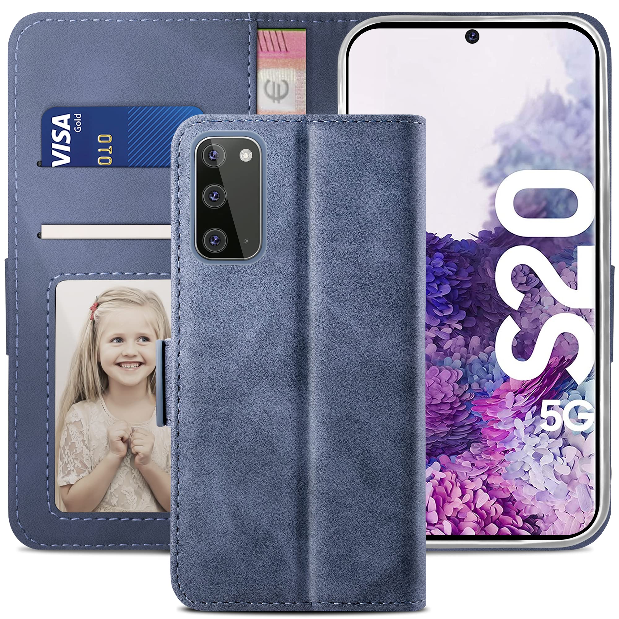 YATWIN Compatible with Samsung Galaxy S20 Case, Flip Wallet Leather Case with Card Slot and Shockproof Function Kickstand Phone Cases Cover for Samsung S20 4G/5G - Light Blue