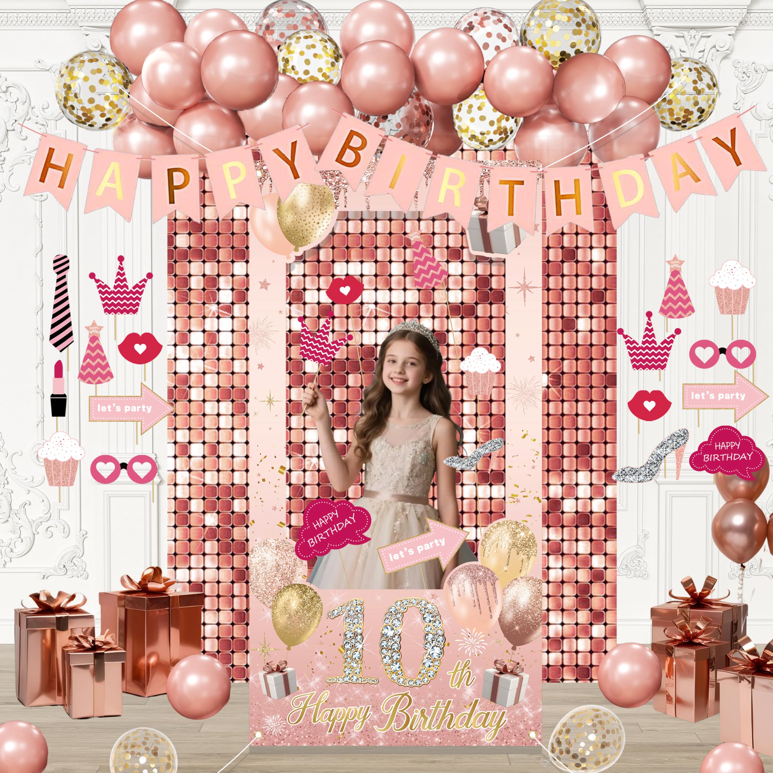 Photo 1 of 10th Birthday Decorations for Girls, Happy Birthday RoseGold Balloon with Photo Booth Props for girl, Banner, Balloons,Party supplies