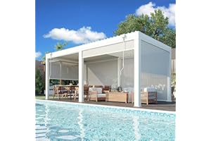 EROMMY 10x20 Louvered Pergola with Side Pull-Down Screen, Outdoor Aluminum Pergola with Thickened Frame and Adjustable Metal Rainproof Roof for Deck Patio Garden Yard, White