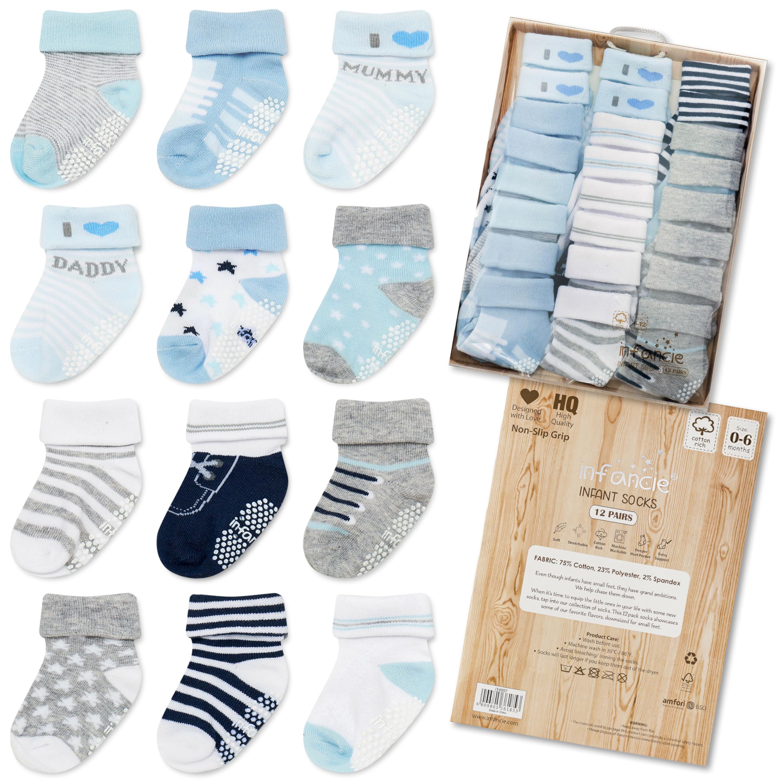 Photo 1 of Baby Socks 12 Pairs - Non-Slip Infant Grip for Newborns & Toddlers 0-6 Months, Boys & Girls, Safe for Walking