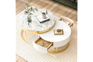FLIEKS Modern Round Nesting Coffee Table with Drawers in White, Circle Coffee Tables for Living Room