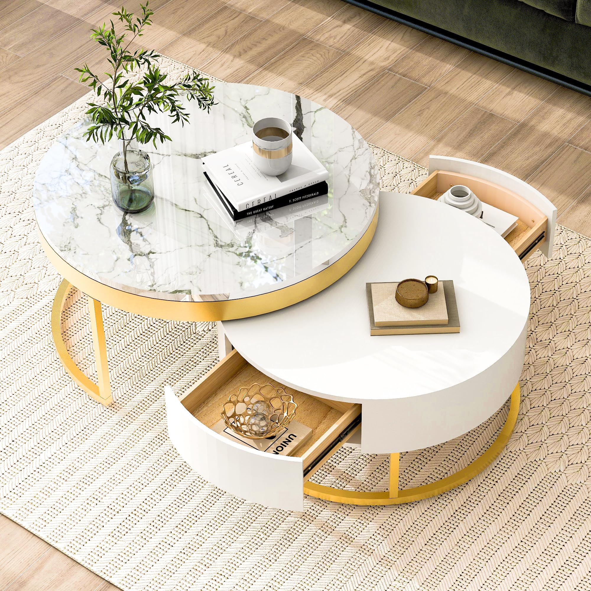 Photo 1 of Modern Round Coffee Table with Storage Drawers Round Nesting Center Table with Metal Base for Living Room Home Apartment Office 31.5" L x 31.5" W x 16.9" H Golden+White