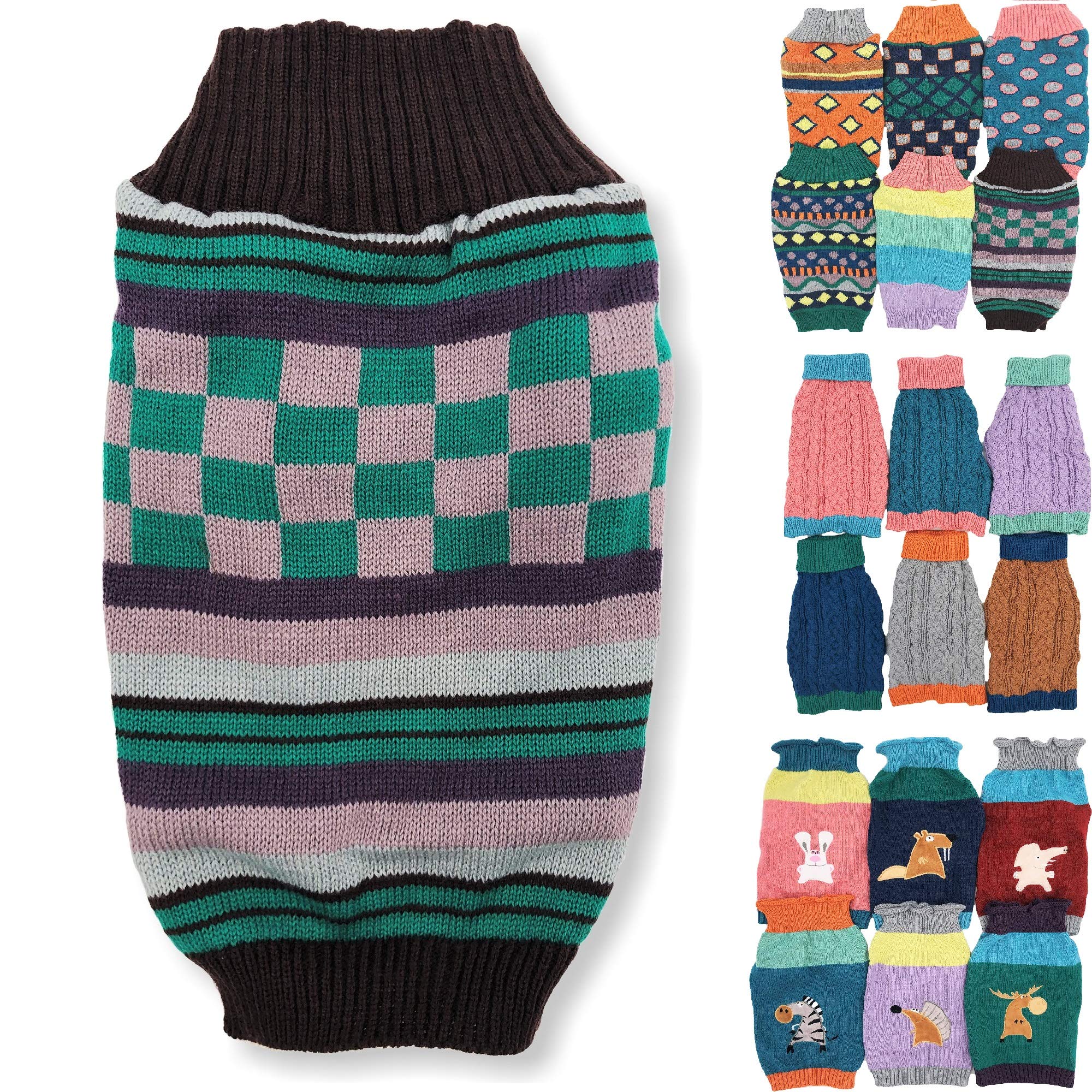 Dog Sweater Knitted Fashion Warm Soft Winter Clothes for Small Large Pet Cat Puppy (M: Length - 15", Stripes Squares)