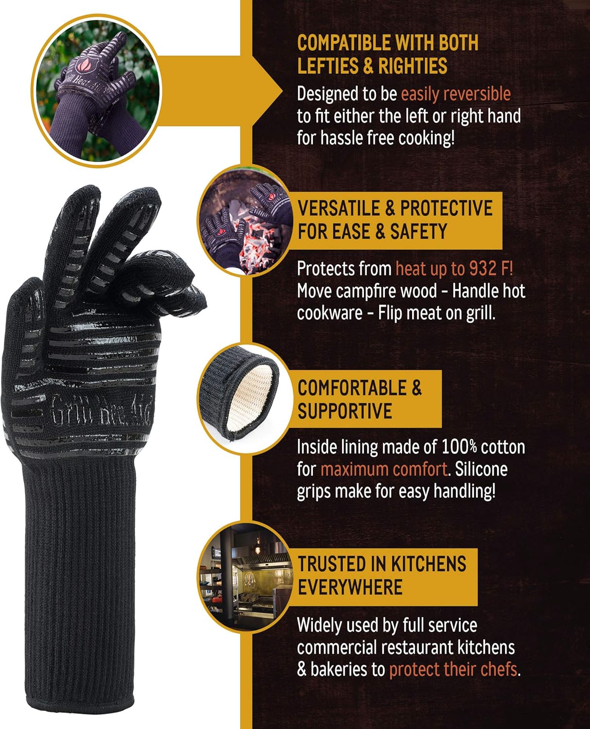 Extreme Heat Resistant Grill/BBQ Gloves | Premium Insulated Durable Fireproof Kitchen Mitts Designed for Cooking, Grilling, Frying, Baking | Indoor/Outdoor Accessories for Men & Women : Garden & Outdoor