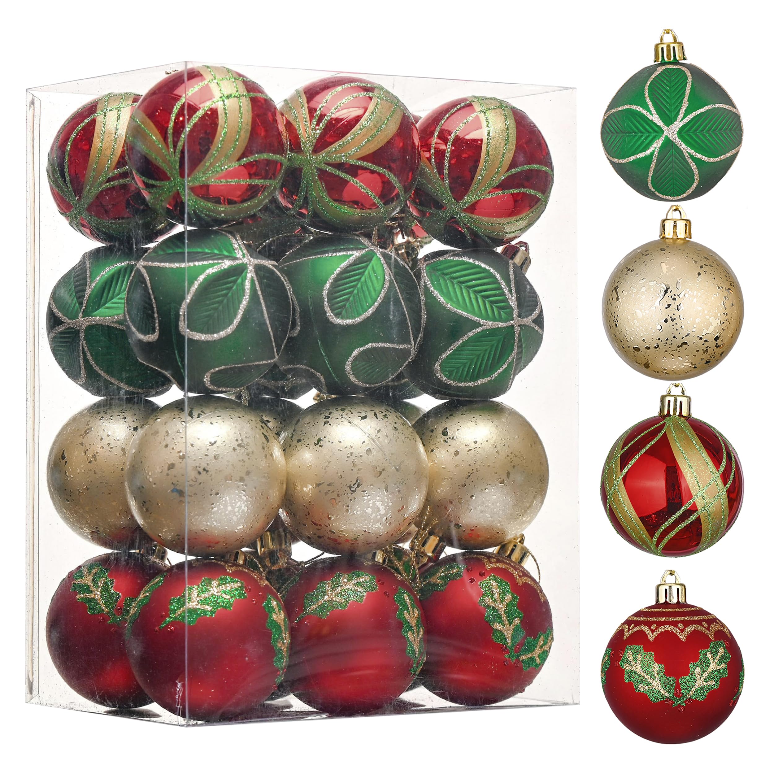 Valery Madelyn 24pcs 6cm Shatterproof Christmas Baubles - Country Red, Green & Gold Christmas Ball Ornaments for Tree Decorations