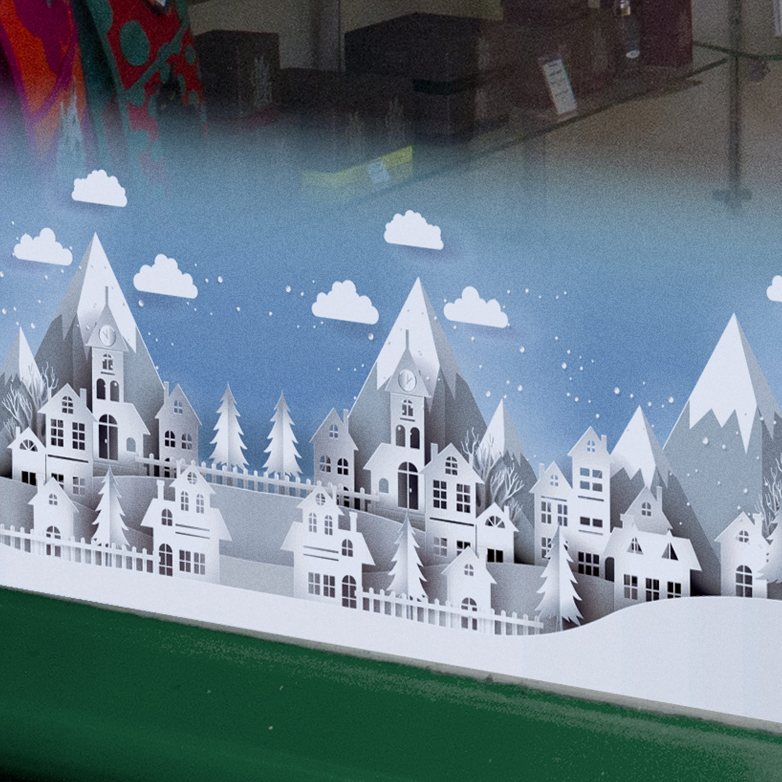 Papercut Style Christmas Village Scene Window Sticker Border - 1.2 Meter Large Christmas Window Sticker Decorations for Glass - Deep