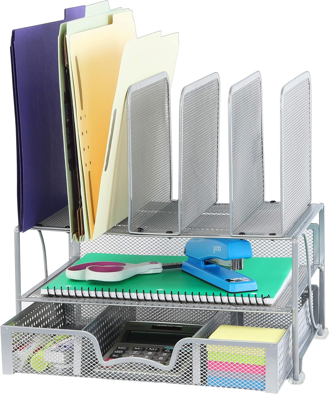 SimpleHouseware Mesh Desk Organizer with Sliding Drawer, Double Tray and 5 Upright Sections, Black : Office Products