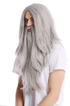 WIG ME UP ® - PW0210-ZA68E Perücke & Bart Halloween Karneval lang glatt grau Zauberer Knecht Ruprecht Prophet Alter Biker