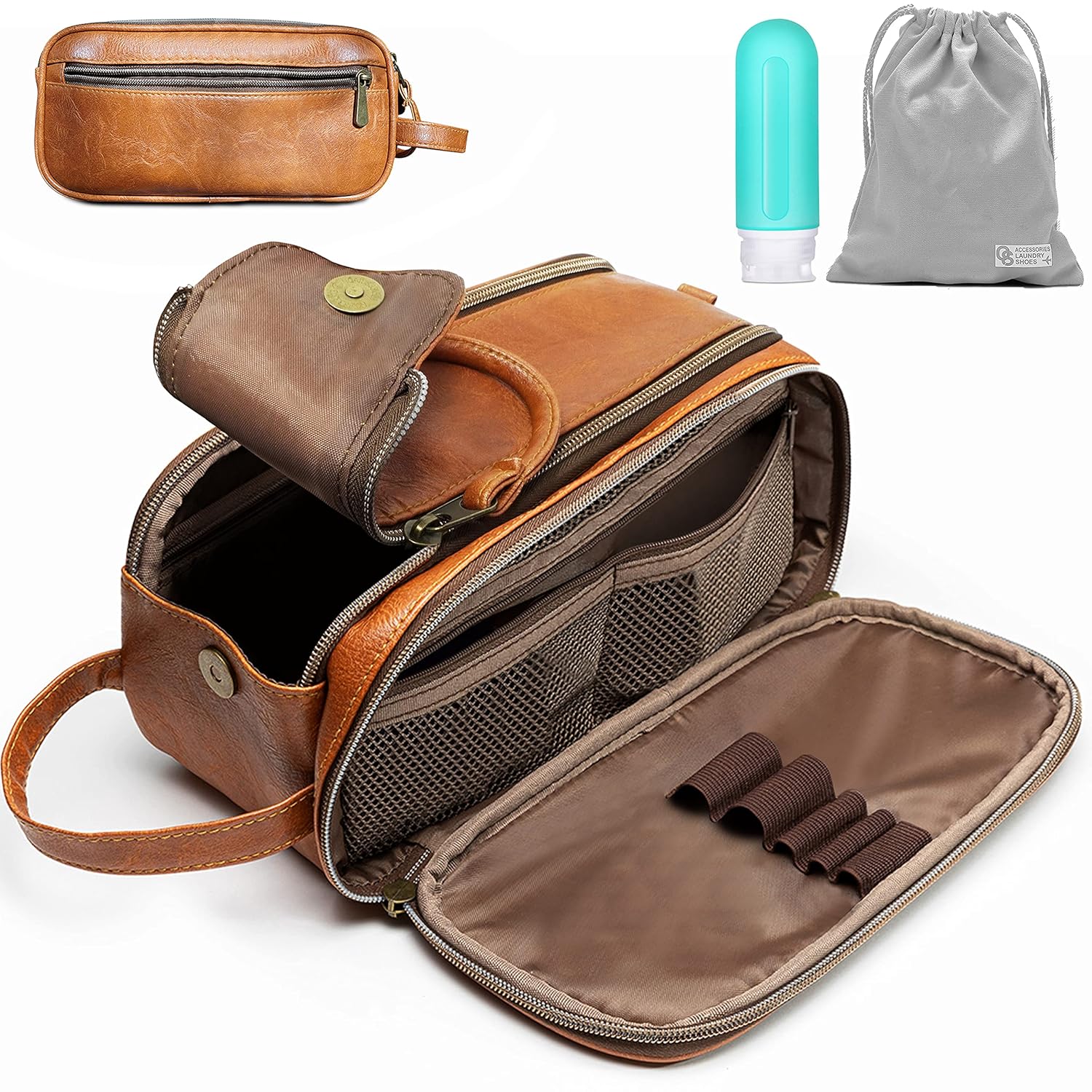 Toiletry Bag for Men or Women - Dopp Kit For Travel. Large Cosmetic and Shaving Bag. Toiletries Organizer PU Leather Bags (Standard, Brown) : Beauty