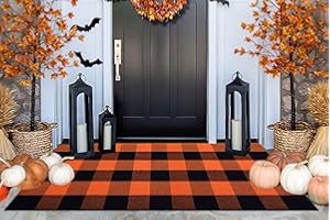 BUAGETUP Fall Front Porch Rug 24''x51''Halloween Buffalo Checkered Rug Orange and Black Outdoor Rugs Cotton Woven Washable Door Mat Outdoor for Layered Doormat Kitchen