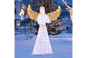 Vongrasig 5 FT Lighted Christmas Angel Outdoor Decoration, Pre-lit 3D Glittered Angel with 110 Warm White Lights, Bow, Zip Ties, Stakes for Lawn Yard Garden