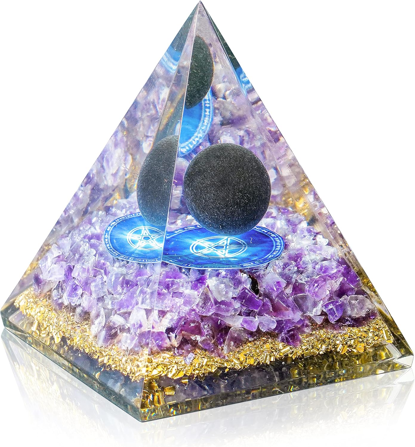 Mixed Media - Amethyst Orgone Pyramid Crystal for Positive Energy - Black Obsidian Sphere Orgonite Chakra Crystals - Meditation Aids Sleep Crystal Energy Generator to Attract Wealth and Wisdom