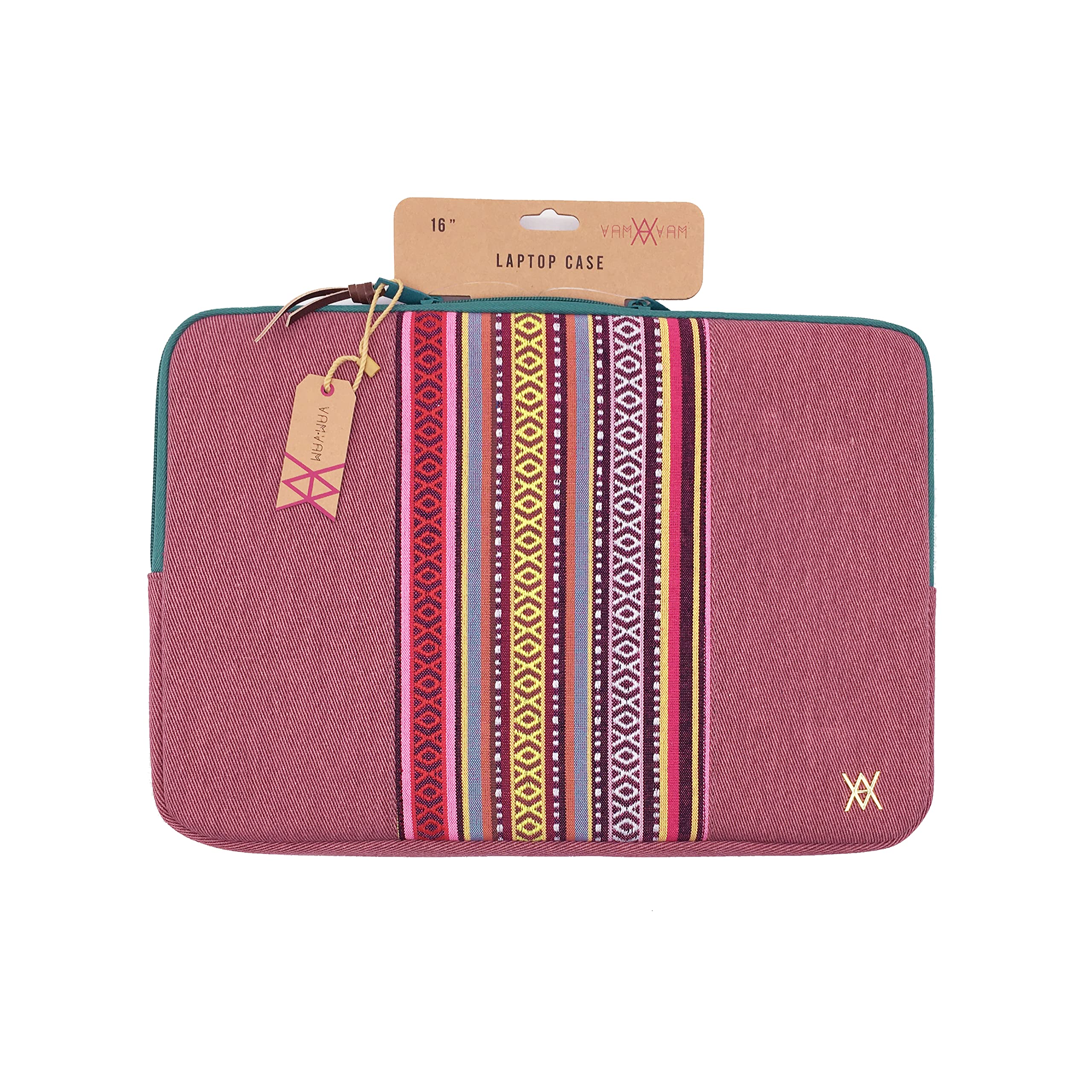 VAMVAM by Wondee Laptop Sleeve up to 16" Cherry Color with Decorative Strip Fabric Ethnic Color Padded and Reinforced Zipper