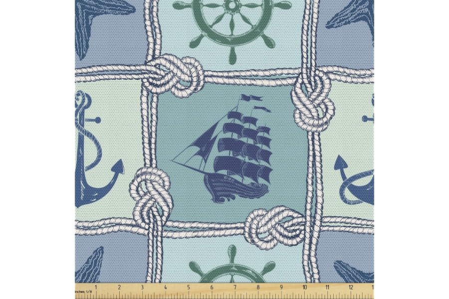 Lunarable Ship Fabric by The Yard, Nautical Themed Art Marine Starfish Wheel Anchor and Vessel Sailor's Knot, Decorative Fabric for Upholstery and Home Accents, 3 Yards, Teal Blue