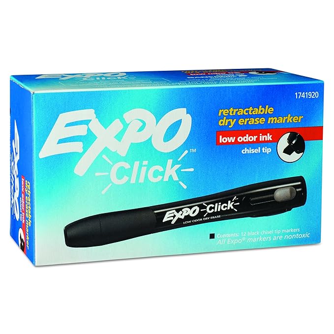 Expo Click Retractable LowOdor Dry Erase Markers, Chisel Tip, 12Pack