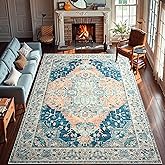 YJ.GWL Area Rugs for Living Room 6x9 Machine Washable Rugs, Non Slip Floral Vintage Rug Indoor Carpet, Stain Resistant Large Rug for Bedroom Dining Room, Dark Blue