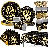 GalaHub 50th Birthday Party Supplies for 24 Guests, 193 Pcs Black Gold Disposable Tableware Set Includes Plates Tablecloth Napkins, 50th Birthday Decorations for Men