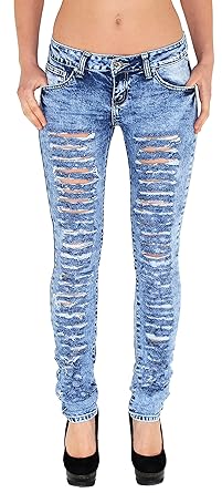 ESRA Damen Skinny Stretch Jeans mit Risse Destroyed Look Hüftjeans Jeanshose große Größen # S600
