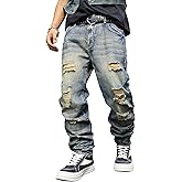 MZNBURAM Men's Ripped Regular Fit Straight-Leg Jeans - Streetwear Y2K Hip Hop Distressed Non-Stretch Denim Pants