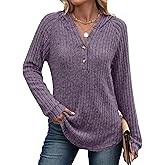 ANRABESS Womens Long Sleeve Henley Tops Ribbed Knit Hoodie Shirts 2026 Spring Loose Fit Lightweight Hooded Sweaters