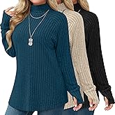 Ficerd 3 Pack Women's Plus Size Turtleneck Sweater Tunics, Long Sleeve Thumbhole Ribbed Tops Curved Hem Loose Pullover Shirts