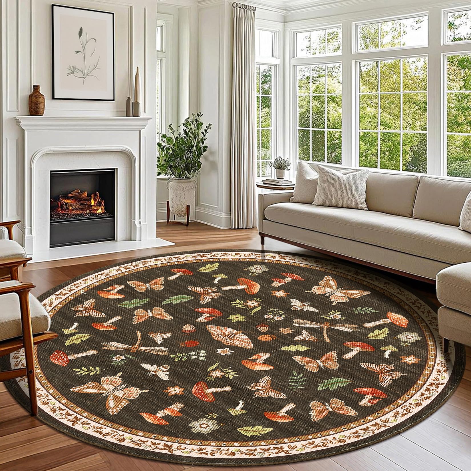 Photo 1 of Mushroom Insect 6ft Round Rug Washable Non-Slip Soft Ultra-Thin Boho Circle Carpet for Living Room Bedroom Kitchen Nursery Dining Room Brown